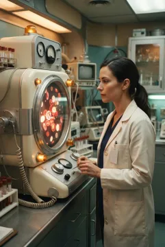 Medical laboratory technician examining glowing blood cell structures inside a retro-futurist cellular diagnostic chamber with curved analog instruments.
