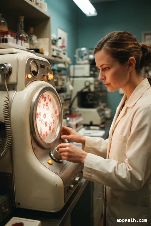 Medical laboratory technician adjusting a retro-futurist cellular diagnostic chamber while glowing blood cell structures appear behind its circular glass viewer.