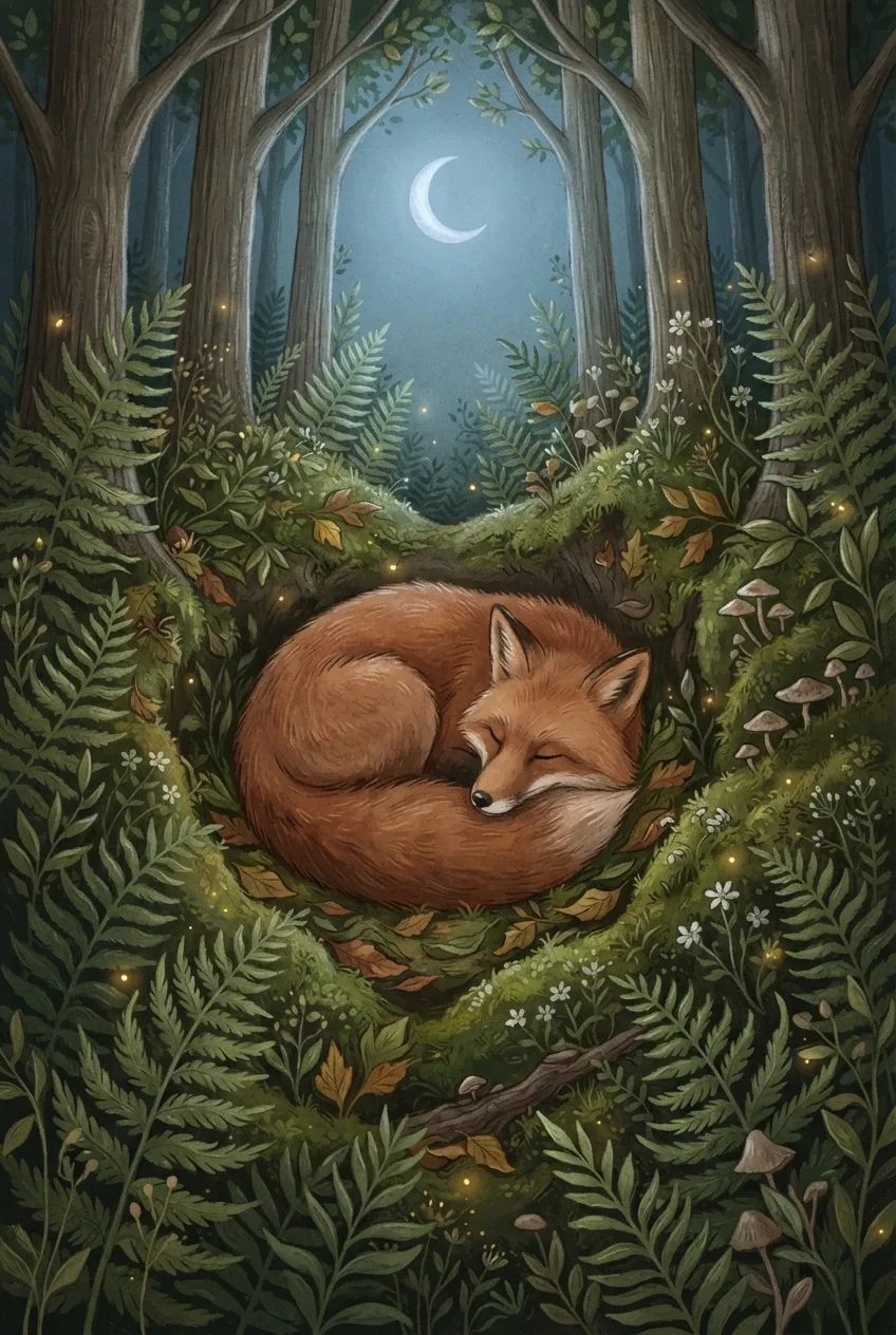 Storybook 2D illustration of a sleeping red fox curled among green ferns, mossy stones, woodland flowers, and glowing fireflies in a moonlit forest hollow.