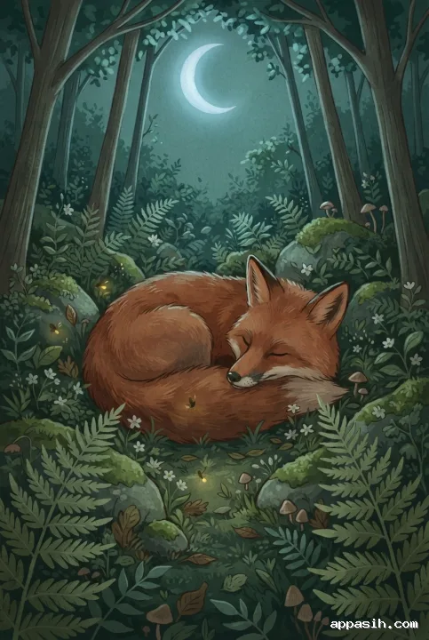 Detailed storybook 2D illustration of a sleeping red fox viewed from a closer three-quarter angle among layered ferns, mossy stones, woodland flowers, fireflies, and soft crescent-moon light.