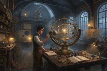 Young astronomer studying a large brass orrery inside a steampunk mechanical observatory classroom.