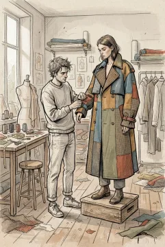 Hand-drawn doodle fashion stylist adjusting a geometric patchwork trench coat on a model inside a creative clothing atelier.