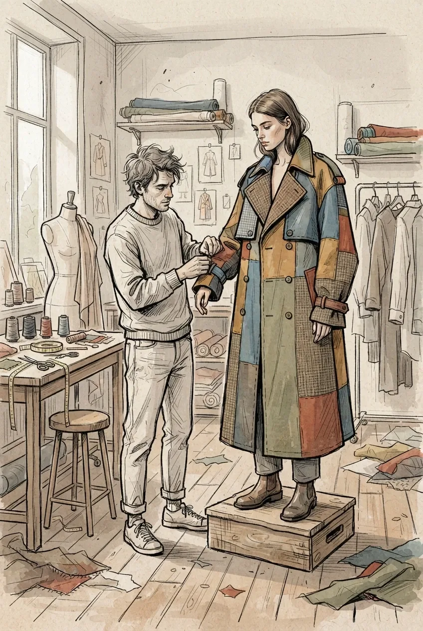 Hand-drawn doodle fashion stylist adjusting a geometric patchwork trench coat on a model inside a creative clothing atelier.
