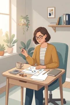 2D illustration of a freelance financial planner reviewing monthly cash flow with charts, coins, calculator, and financial documents at a home office desk.