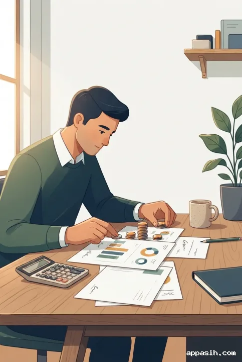 2D illustration of a freelance financial planner organizing coins while reviewing monthly cash flow charts and financial documents at a home office desk.