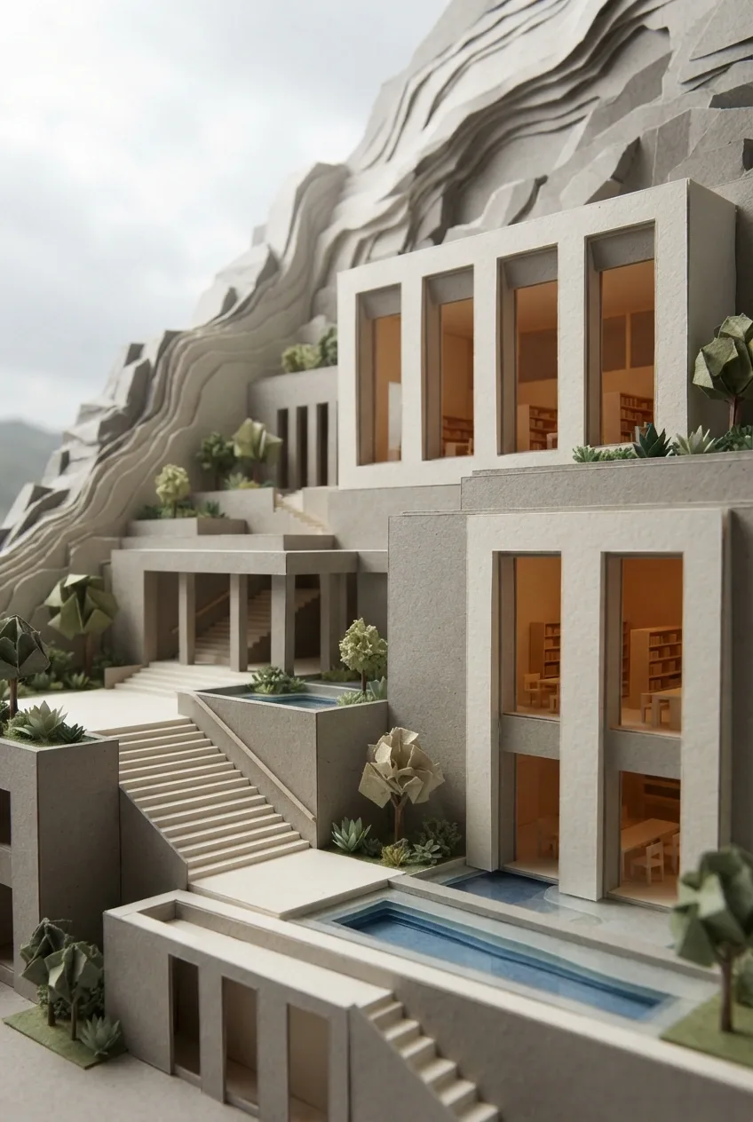 Mixed media papercraft cliffside public library with stacked terraces, planted courtyards, sheltered stairs, and warm recessed reading spaces.