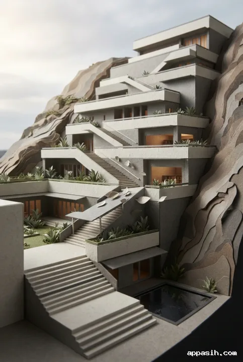 Closer three-quarter papercraft view of a cliffside public library with layered terraces, reflecting pool, planted courtyards, paper stairs, and warm reading-room light.