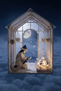 Origami moon gardener tending glowing paper flowers inside a floating paper greenhouse above a sea of clouds.