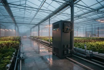 Cinematic edge AI server pod operating beside crops and robotic irrigation systems inside a rainy automated greenhouse.