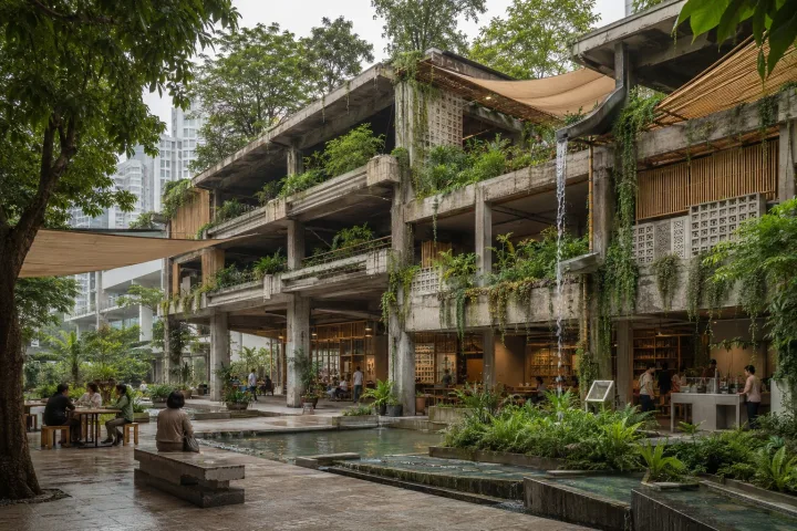 Adapted tropical parking structure transformed into a shaded civic cooling commons with bamboo screens, planted terraces, rain gardens, and public gathering areas.