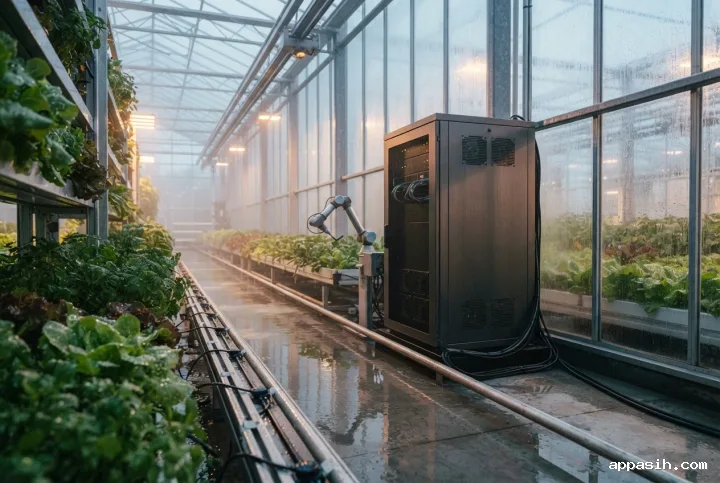 Cinematic three-quarter view of an edge AI server pod with a small maintenance arm among sensor-equipped crops in a rainy automated greenhouse.