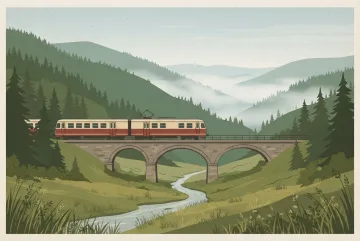 Retro illustration of a cream-and-red mountain train crossing a stone viaduct through misty green highlands and pine-covered slopes.
