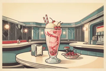 Cherry cream soda with vanilla ice cream and red cherries on a retro diner counter in a textured vintage poster composition.