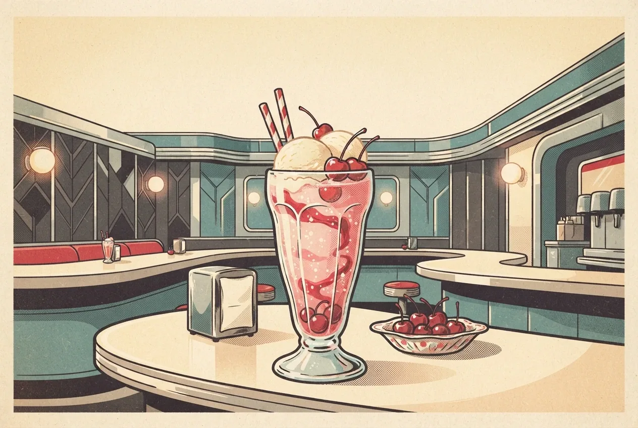 Cherry cream soda with vanilla ice cream and red cherries on a retro diner counter in a textured vintage poster composition.