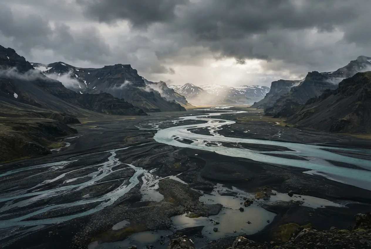 Cinematic turquoise braided glacial river flowing across a black sand mountain valley beneath mist and storm clouds.