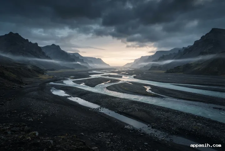 Cinematic elevated view of turquoise braided glacial rivers crossing a wet black sand valley beneath volcanic mountains, mist, and breaking storm light.