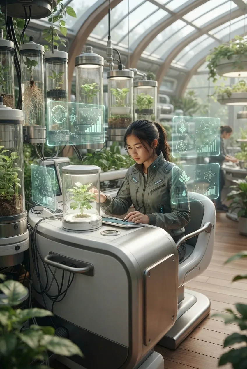 Student studying plant biology inside a futuristic botanical learning pod with transparent specimen chambers and glowing scientific interfaces.