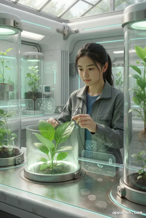Student adjusting a plant sensor inside a futuristic botanical learning pod with glass specimen chambers and luminous scientific displays.