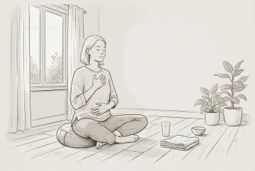 Line Art drawing of an adult practicing seated morning breathwork beside a window with indoor plants, a meditation cushion, water glass, and folded towel.