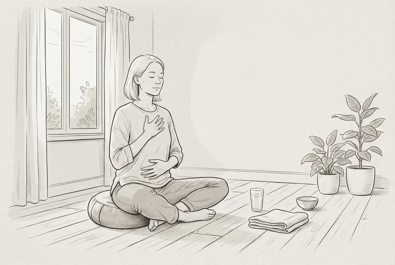 Line Art drawing of an adult practicing seated morning breathwork beside a window with indoor plants, a meditation cushion, water glass, and folded towel.