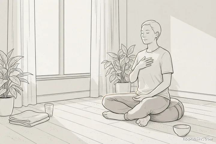 Detailed Line Art drawing of an adult practicing breathwork from a closer three-quarter view beside a morning window with plants, meditation cushion, water glass, folded towel, and ceramic bowl.