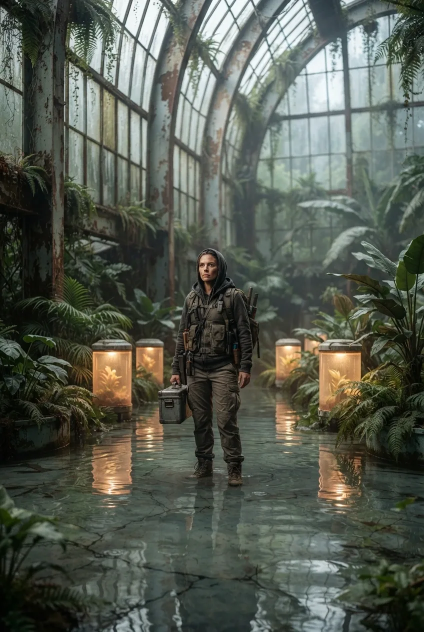 Seed vault guardian standing in shallow floodwater among glowing preservation capsules and tropical plants inside a vast glass botanical atrium.