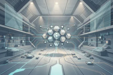 Geometric edge computing hub with modular hexagonal data nodes connected by illuminated network pathways inside a futuristic technology facility.