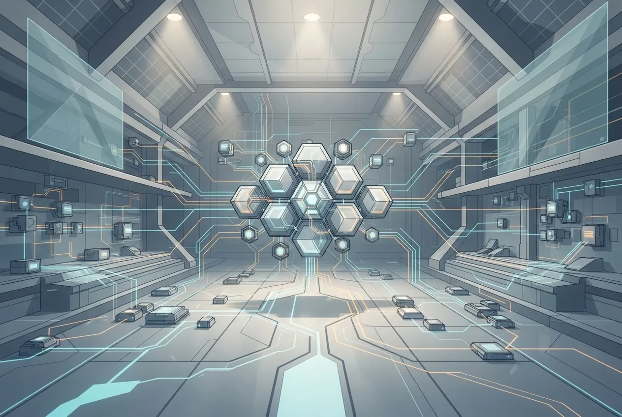 Geometric edge computing hub with modular hexagonal data nodes connected by illuminated network pathways inside a futuristic technology facility.