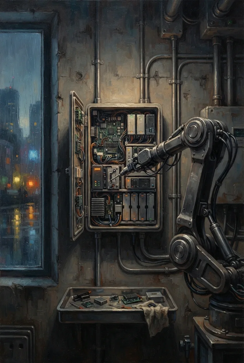 Oil painting of a robotic maintenance arm servicing a modular smart energy hub inside a rain-lit urban utility room.