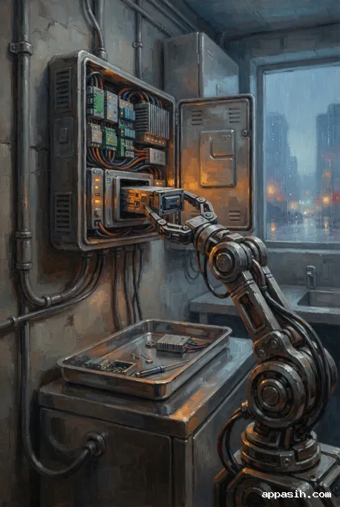 Oil painting from a closer low three-quarter angle showing a robotic maintenance arm seating an energy module into a smart energy hub in a rainy urban utility room.