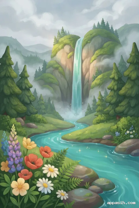 Chibi cartoon waterfall valley viewed closer beside a turquoise stream, with rounded wildflowers, forested cliffs, soft mist, and gentle morning light.