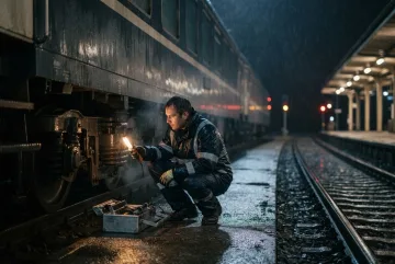 Railway mechanic inspecting a night train beside wet tracks on a rain-soaked platform with steam and cinematic utility lighting.