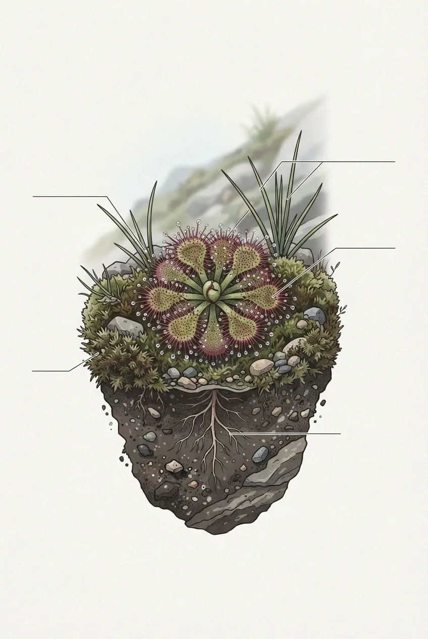 Technical illustration of an alpine sundew plant with red glandular leaves, dew droplets, moss, stones, and visible roots in damp mountain soil.