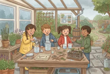 Storybook illustration of four children studying the water cycle with a rainwater experiment table in a sheltered classroom garden.
