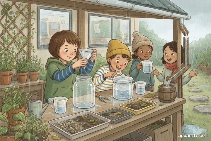 Detailed storybook illustration of four children observing rainwater, condensation, and soil drainage during a water-cycle experiment in a classroom garden.