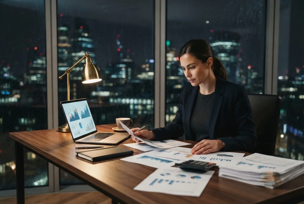 Financial analyst reviewing abstract market charts and financial documents at a modern office desk on a rainy night.