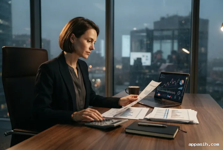 Financial analyst examining documents beside abstract market charts in a rain-lit high-rise office at night.