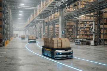 Cinematic autonomous warehouse robot carrying parcels through a smart logistics hub with tall storage racks and illuminated guidance lanes.