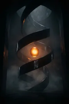 Glossy black obsidian ribbons curve around a glowing amber sphere inside a dark misty monolithic chamber.