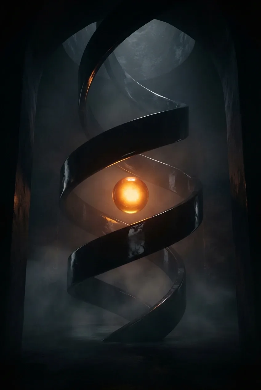 Glossy black obsidian ribbons curve around a glowing amber sphere inside a dark misty monolithic chamber.