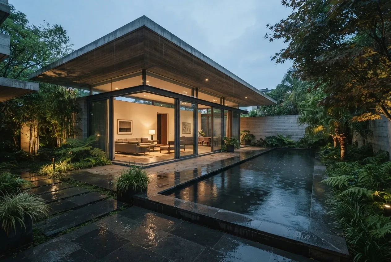 Cinematic contemporary courtyard house with a cantilevered concrete roof, warm glass-walled interiors, reflecting pool, tropical plants, and wet stone terraces in evening rain.