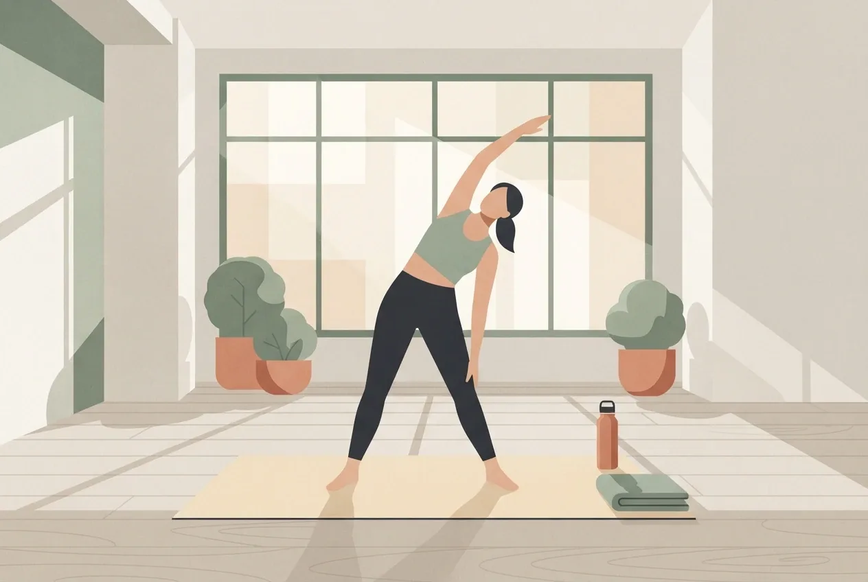 Geometric graphic of a person doing a morning side stretch beside an exercise mat, water bottle, towel, and indoor plants in a wellness studio.