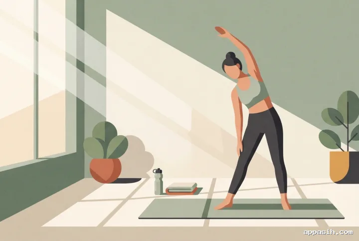 Closer geometric graphic view of a person performing a morning side stretch beside an exercise mat, water bottle, towel, and plants in a calm wellness studio.
