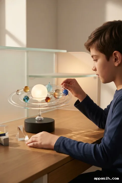 Student rotating a translucent glass orbital ring at the same 3D astronomy learning station with glowing planets, prism, and science objects.