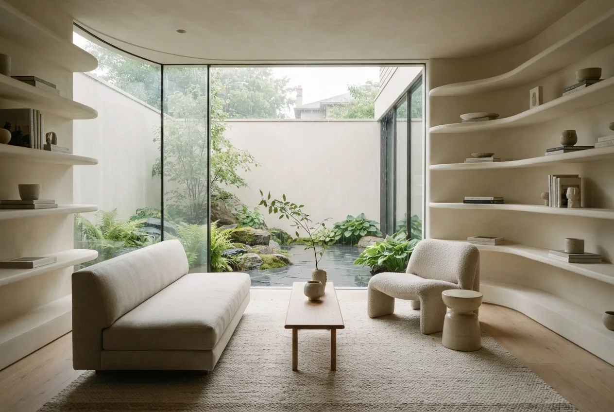 Serene reading lounge with curved plaster shelves, linen seating, warm oak furniture, and a rainy courtyard garden beyond floor-to-ceiling glass.