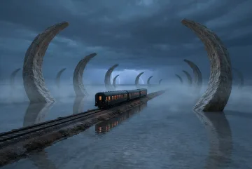 Surreal night train crossing a flooded salt plain between giant crescent-shaped stone formations under a stormy twilight sky.