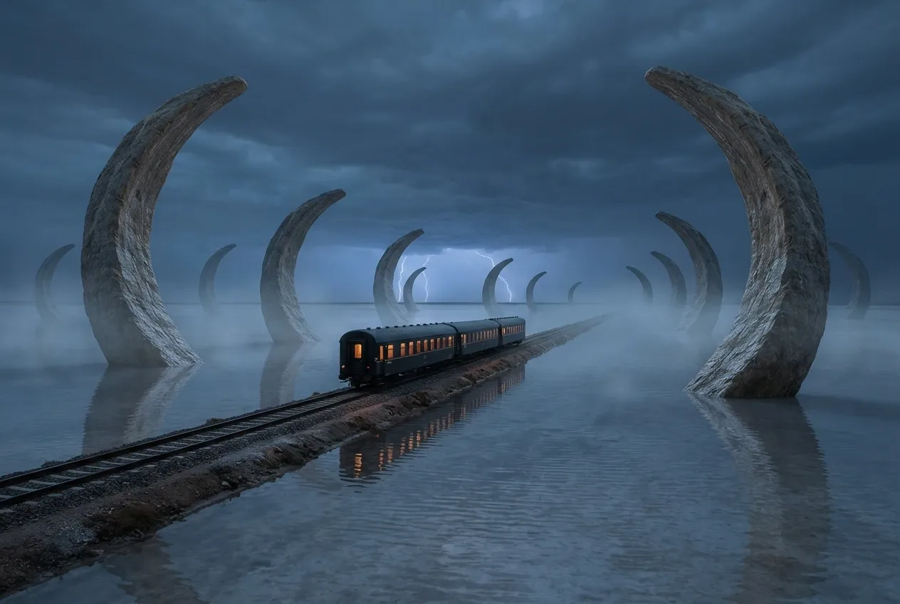 Surreal night train crossing a flooded salt plain between giant crescent-shaped stone formations under a stormy twilight sky.