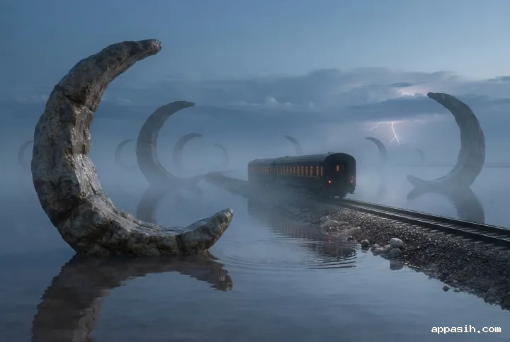 Low three-quarter view of a surreal night train crossing a reflective flooded salt plain beside giant crescent-shaped rocks during stormy twilight.
