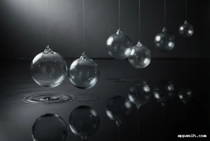 Close three-quarter view of seven translucent glass orbs hovering above rippling black water with detailed silver-blue refractions and mirrored reflections.