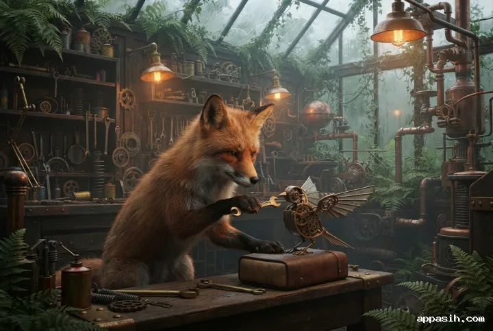 Red fox mechanic adjusting a brass clockwork bird from a closer three-quarter view inside the same overgrown Steampunk garden workshop with gears, copper pipes, misted glass, and warm industrial lighting.